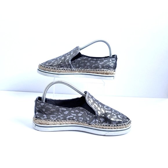 JIMMY CHOO Dawn Metallic Pewter Leather Espadrilles EU 39 US 9 Slip On Leopard - Picture 3 of 16